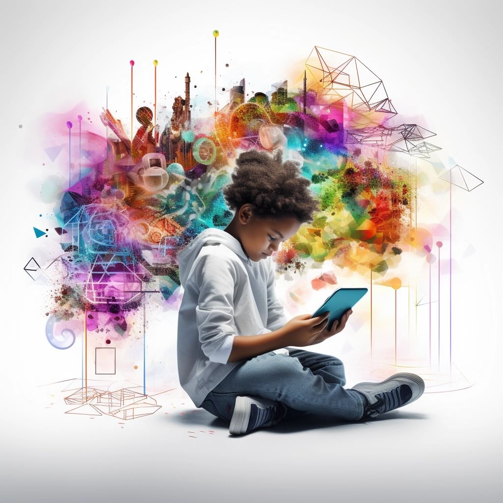 a child crouched is rading something on an iPad